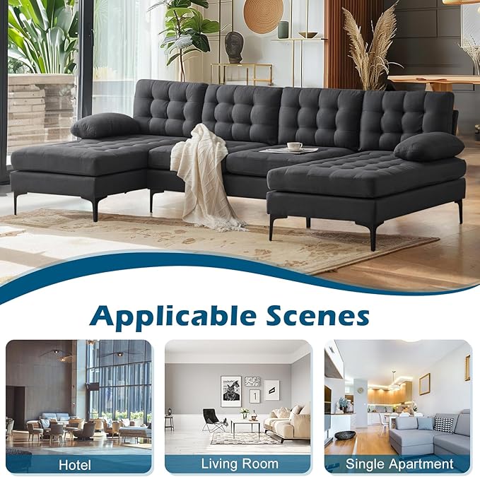 VINGLI 110" Modern U Shaped Sectional Sofa Couch with 51" D Double Chaise for Living Room, Large Tufted Button Couch Sets with 5.9" Thickness Seating Padding for Small Spaces (Grey,Tufted Button)