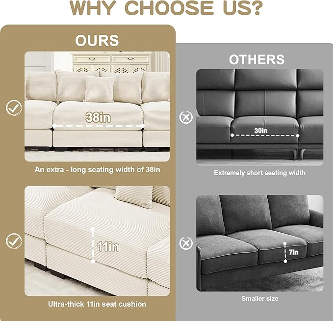 KEIKI 168" L-Shaped Oversized Corduroy Modular Cloud Sectional Sofa with 1 Ottoman, High-Density Foam Cushion, Extra-Thick Armrest, 4-Seater Fluffy Corner Couch with 12 Pillow, for Living Room, Beige
