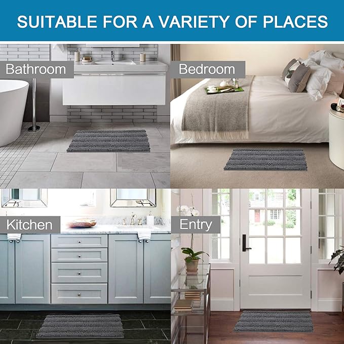 H.VERSAILTEX Bath Rugs for Bathroom Non Slip Bath Mats Extra Thick Chenille Striped Rug 20" x 32" Absorbent Non Skid Fluffy Soft Shaggy Washable Dry Fast Plush Mat for Indoor, Bath Room, Tub - Grey