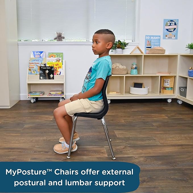 Children’s Factory MyPosture Plus 10" Chair, Black with Chrome Legs, 2 Pack, Stackable Ergonomic Seating Solution for Classrooms and Homeschools