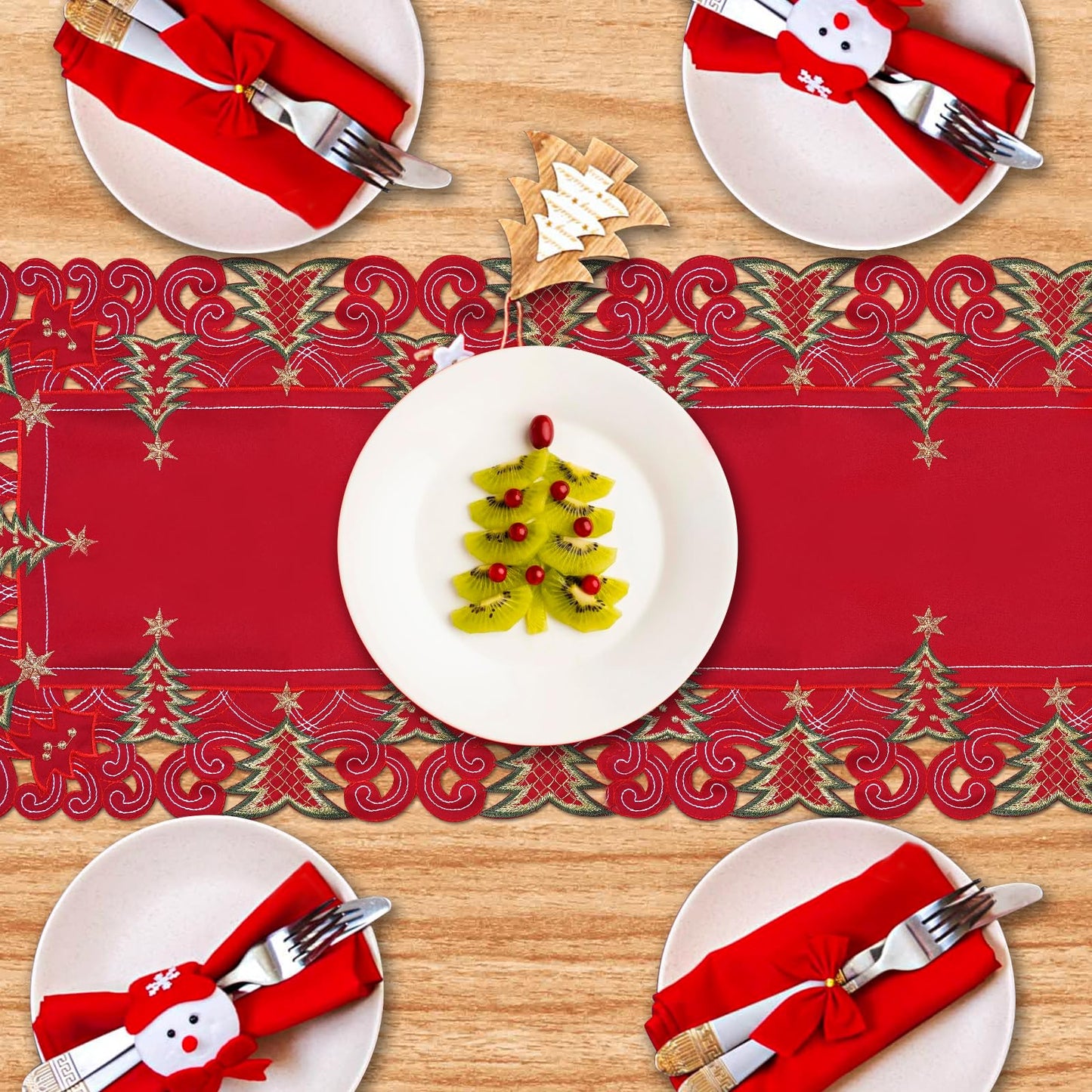 SHANGRLA Red Christmas Tree Table Runner 72 Inches Long – Embroidered Lace Tablerunner with Xmas Tree Design, Elegant Festive Dining Room Table Decor, Holiday Table Linen Centerpiece