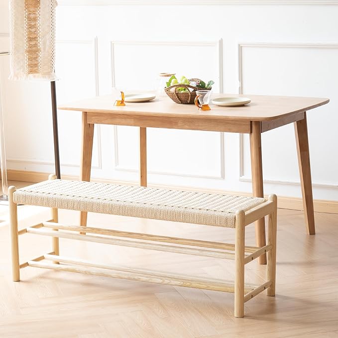 Solid Wood Entryway Bench with Shoe Storage, Rustic Oak Wood and Woven Design 45 Inch Long Seating for Living and Dining Rooms, 3-Tier Nature