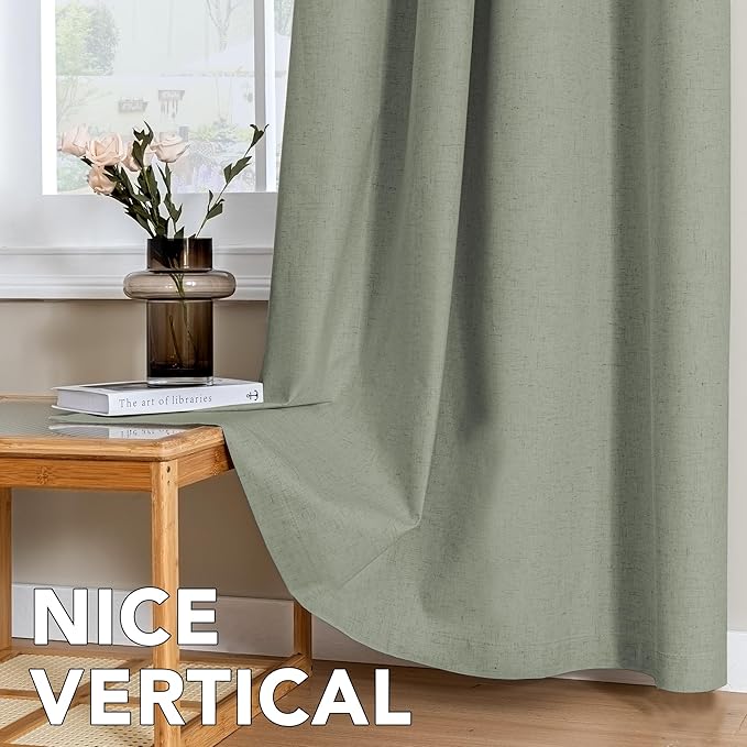 H.VERSAILTEX Linen Curtains 100% Blackout Curtains for Bedroom 108 inch Long Full Light Blocking Nature Linen Blended Window Curtains for Living Room Nickel Grommet (2 Panels, Heathered Dried Sage)