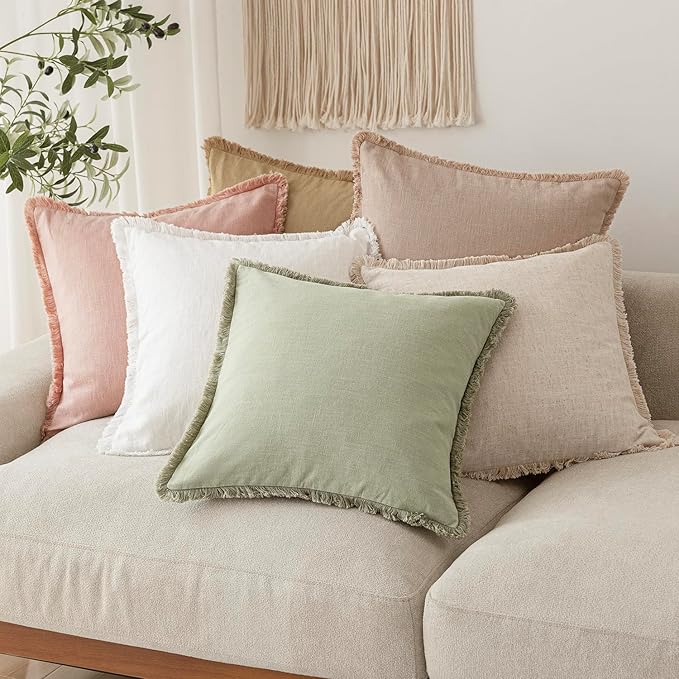 Foindtower Set of 2 Decorative Linen Fringe Throw Pillow Covers Boho Farmhouse Cushion Cover with Tassels Soft Accent Pillowcase for Couch Sofa Bed Living Room Home Decor,24×24 Inch,Light Sage Green