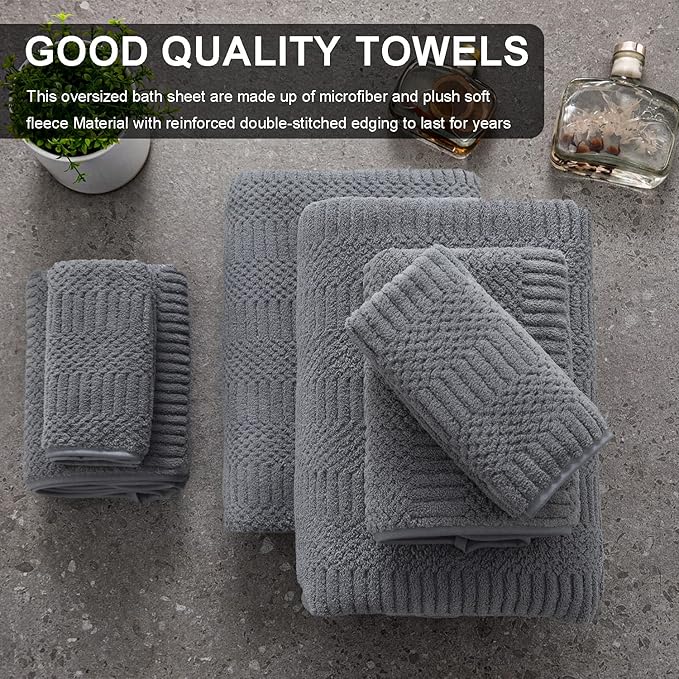 8 Piece Oversized Bath Towels Set Gray,2 Extra Large Bath Towel Sheets,2 Hand Towels and 4 Washcloths 600 GSM Highly Absorbent Quick Dry Towels Set for Bathroom Hotel