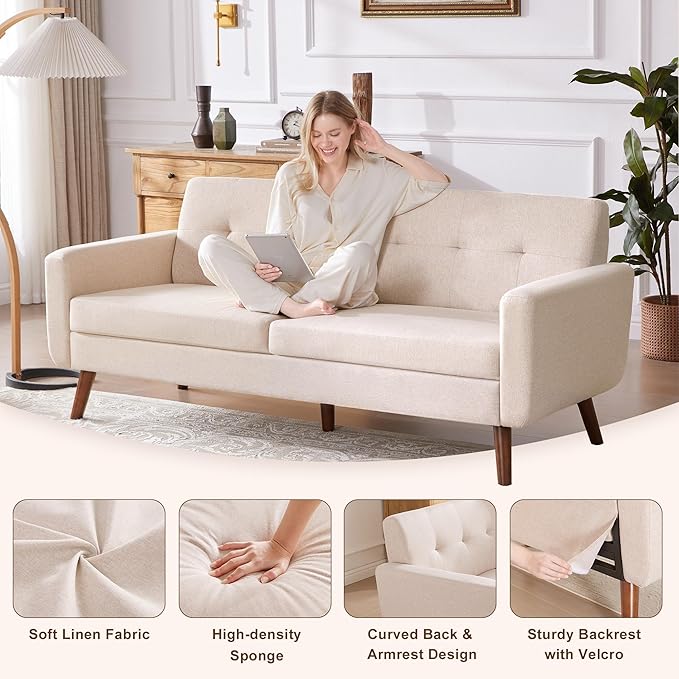 Tbfit 77.2" W Linen Sofa Couch, Mid Century Modern Decor Loveseat Couches for Living Room, Button Tufted Upholstered Small Couch for Bedroom, Solid, and Easy to Install Love Seats Furniture, Oatmeal