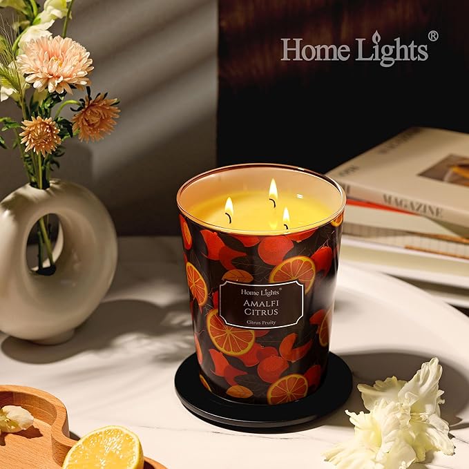 HomeLights 3-Wick Candles for Home Scented - 34oz Soy Wax Blend Candle Long-Lasting Fragrance, Eclectic Mixed Styles Home Decor and Housewarming Gifts, Amalfi Citrus