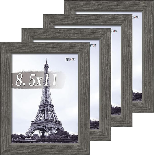 VCK 8.5x11 Picture Frame Set of 4 - Grey, Gallery-Quality Wood Poster Frames, 1.1-Inch Wide Border, Polished Plexiglass, Vertical or Horizontal Wall & Tabletop Display for Photo/Art/Prints, Grey
