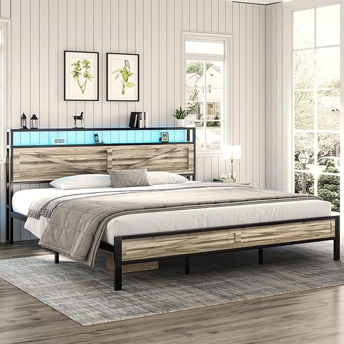 King Bed Frame with LED Lights and Charging Station, Metal Platform Bed King Size with 2-Tier Rustic Barn Door Storage Headboard, Noise-Free, No Box Spring Needed, Easy Assembly, Wash Grey