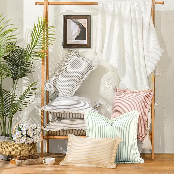 ZWJD Throw Pillow Covers 22x22 Set of 2 Green Striped Pillow Covers with Fringe Chic Cotton Decorative Pillows Square Cushion Covers for Couch Bed Living Room Farmhouse Spring Decor