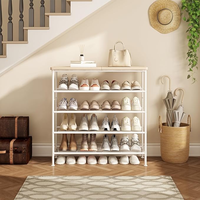 Shoe Rack Organizer 5 Tier for Closet Entryway Free Standing Metal Storage Shoe Shelf with MDF Top Board,White+Oak