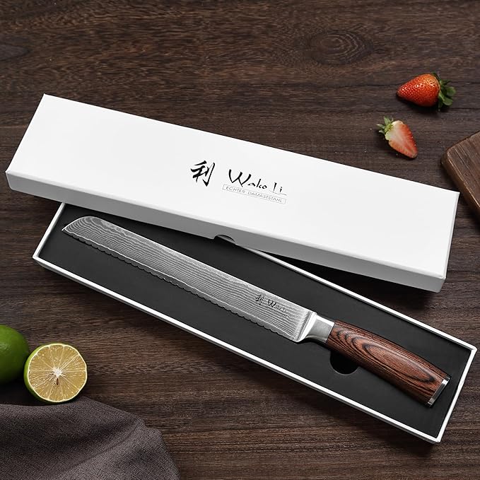 Wakoli Long Bread Knife, 9.1-inch Blade Damascus Chef Knife made from 67 Layers of Damascus Steel with VG10 Core, Sharp Kitchen Knives with Pakkawood Handle, Chefs Knifes for Breads in Gift Box (EDIB)