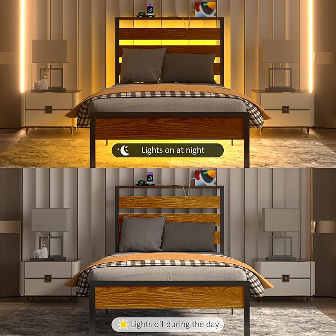 Twin Bed Frame with LED Lights & Charging Station, Metal Platform Bed with Headboard, Heavy Duty Metal Slats, No Box Spring Needed, Noise Free, Easy Assembly, Brown