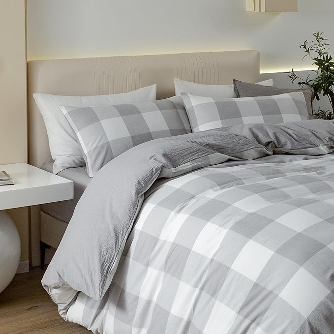 JIYUAN 100% Washed Cotton Duvet Cover Set 3 Pieces Queen, 1 Duvet Cover 90x90 Inches(Comforter Not Included) and 2 Pillowcases,Linen Feel Bedding Set Comfy and Breathable, Heathered Plaid Grey
