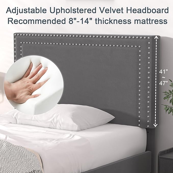 VECELO Twin Size Platform Bed Frame with Height Adjustable Upholstered Headboard, Modern Mattress Foundation,Strong Wood Slat Support, No Box Spring Needed, Easy Assembly