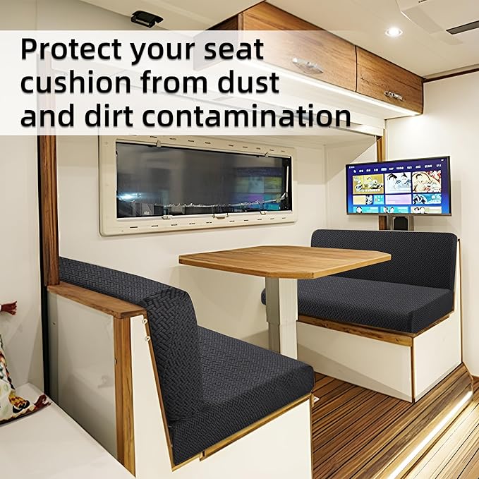 Rv Dinette Cushion Covers,Jacquard Stretchable Camper Cushion Cover,RV Cushion Slipcover,Rv Couch Cover Replacement for RV Camper Car Bench,2 Backrest Covers and 2 Bench Covers (Twill,Black)