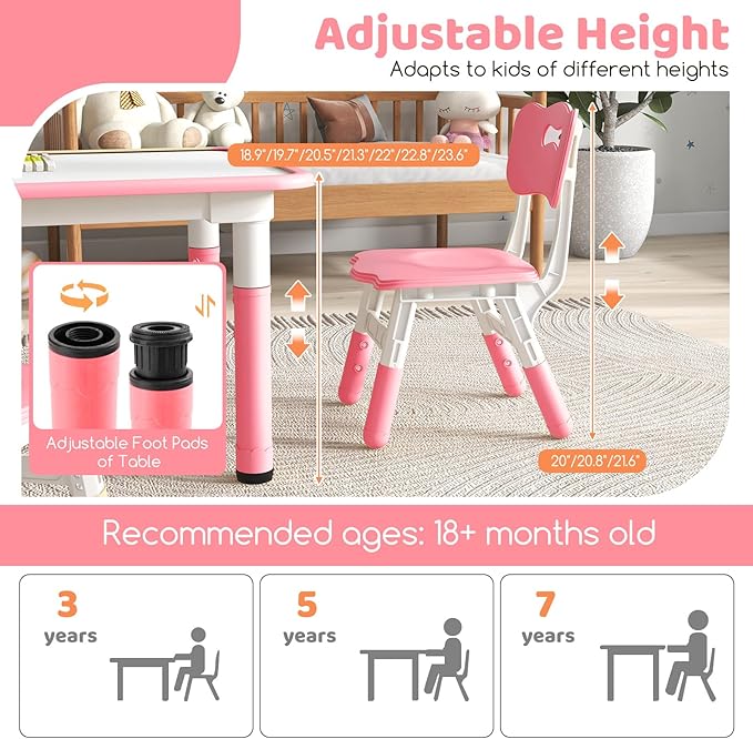 Costzon Kids Table and 4 Chair Set, Height Adjustable Toddler Desk and Chairs with Graffiti Desktop, Non-Slip Legs, Children Art Study Multi-Activity Table Set for Home, Daycare, School (Pink)