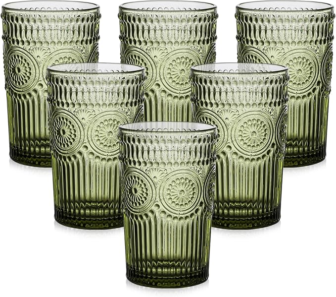 Vintage Glassware Drinking Glasses Set of 6,13 oz Green Textured Flower Design Glass Water Tumblers,Embossed Striped Drinkware for Water,Cocktails,Juice,Iced Coffee