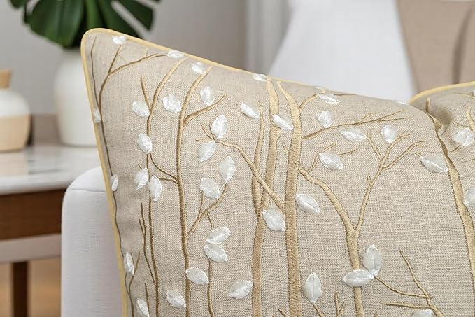 VAGMINE Embroidered Forest Throw Pillow Cover - 18x18 Inches Square - 100% Linen Natural Decorative Cushion Cover - Elegant Embroidery - Rustic Home Accent for Sofa, Bed, Couch, Farmhouse Décor