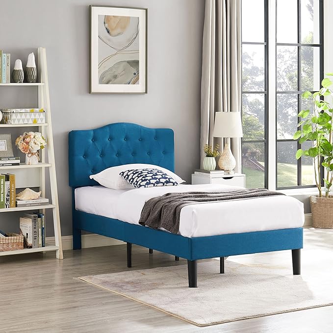 VECELO Twin Size Bed Frame Upholstered Platform with Tufted Adjustable Headboard/Mattress Foundation with Wood Slat Support, Easy Assembly,Blue