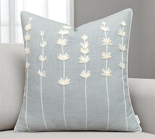 VAGMINE Hand Embroidered Daisy Accent Throw Pillow Cover - 18x18 Inches Square - 100% Cotton Robins Egg Decorative Cushion Cover for Couch, Sofa, Chair - Textured Embroidery - Boho Floral Home Décor