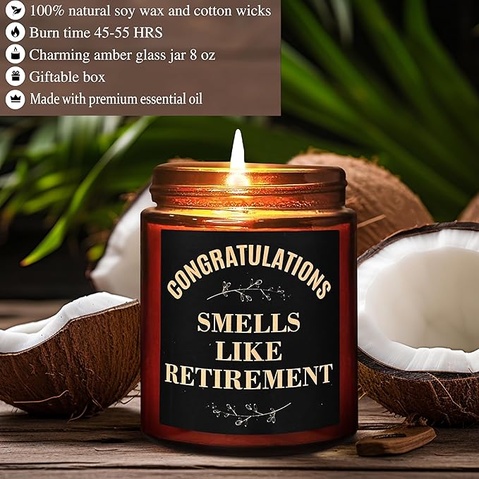 Retirement Gifts for Women, Men - Funny Retiring Candles - Best 2025 Retired Gift for Mom, Husband, Nurse, Coworker, Teacher, Friends - Tropical Coconut Relaxing Scented Soy Candle for Home