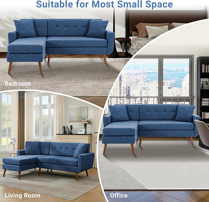 Tbfit L Shaped Couch Sofa, 80" W Mid-Century Modern Sectional Couches, 3 Seater Sofas with Wide Chaise Lounge & Two Pillows,Button Tufted Upholstered Sectional Sofa for Living Room, Bedroom, Blue