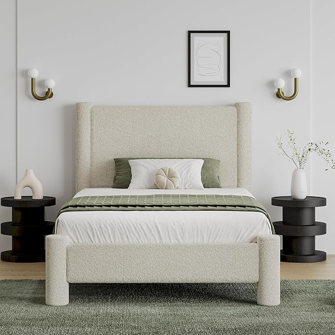 Twin Size Bed Frame, Boucle Upholstered Platform Bed with Headboard and Footboard, Soft Rounded Corners, No Box Spring Required, Easy Assembly, Cream