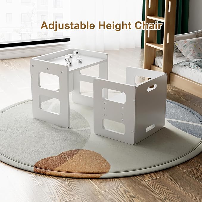 Montessori Weaning Table and Chair Set, Wooden Toddler Table and Chair Set, Adjustable Height Chair Step Stool,1-3 Year Old Kids Montessori Furniture-White