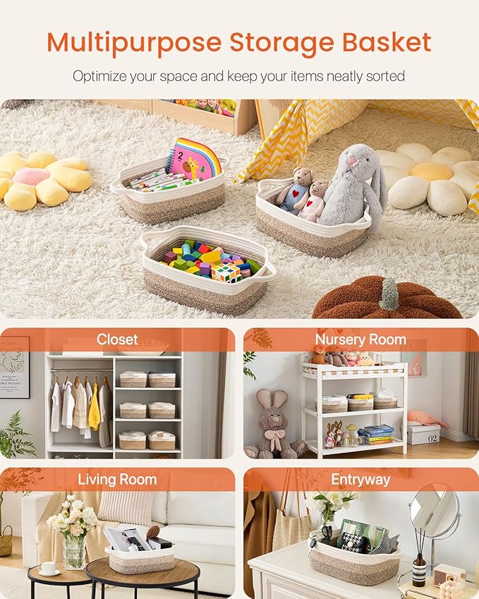 KALLAX Small Woven Basket, 12 x 8 x 4.5 Inches, Small Storage Baskets for Organizing, Gift Baskets Empty, Cute Rope Shelf Closet Storage Bins for Shelves, Dog Toy Basket, Gradient Brown