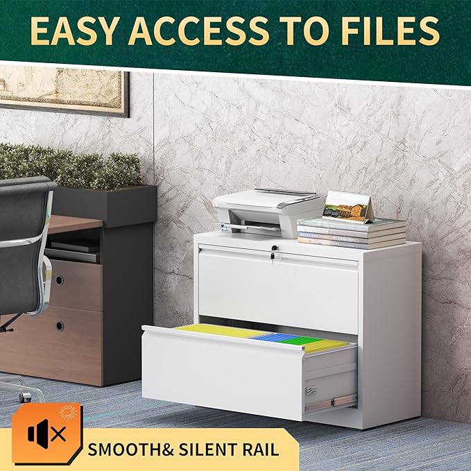 2 Drawer Lateral File Cabinet with Lock, Metal File Cabinets for Home Office, Steel Heavy-Duty Filing Storage Cabinet for Letters/Legal/A4 (Require Assembly, White)