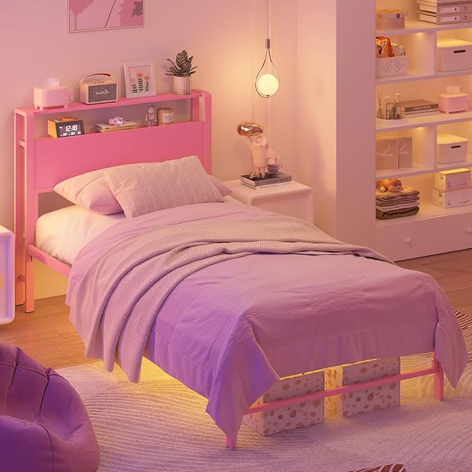 Weehom Twin Bed Frames for Kids with 2 Tiers Wood Storage Shelves Headboard, Twin Size Bed No Box Spring Needed Easy Assembly Metal Platform for Girls and Adults, Pink