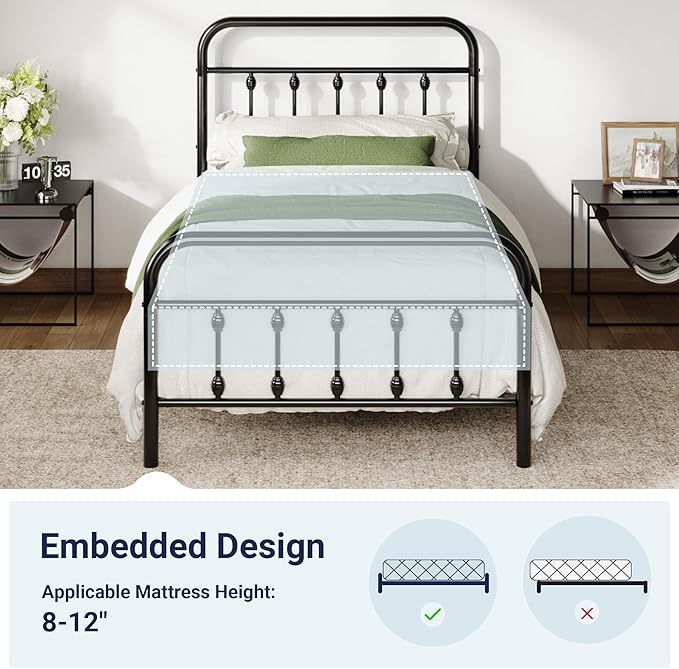 Allewie 14 Inches Twin Size Metal Platform Bed Frame with Victorian Style Iron-Art Headboard/Footboard, Mattress Foundation, Easy Assembly, Under Bed Storage, No Box Spring Required, Black