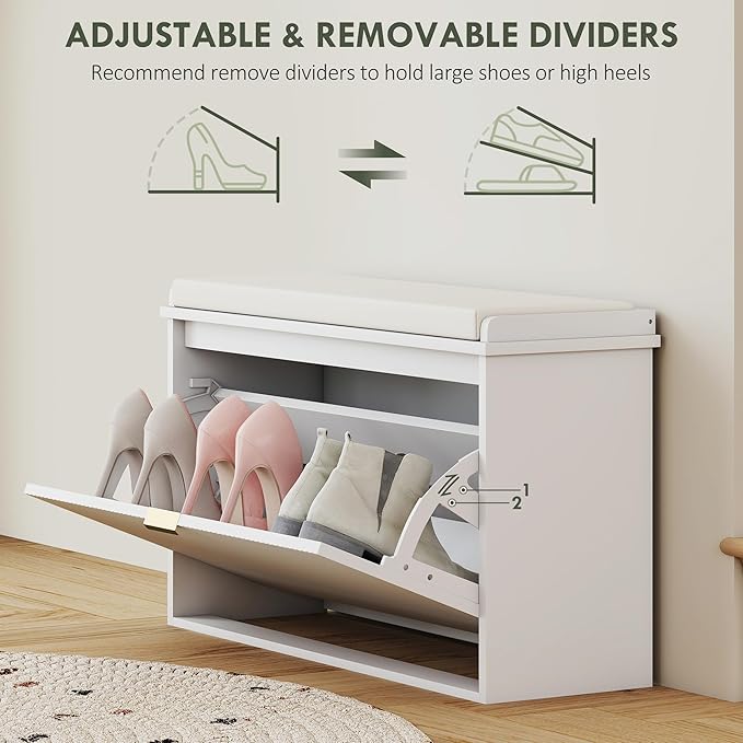 HOMCOM Narrow Shoe Bench with Padded Seat Cushion and Flip-Drawer, Small Entryway Bench Holds up to 265lb, Shoe Cabinet, 31.5x10.2x18.7 Inches, White