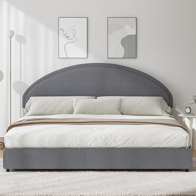 King Size Bed Frame, Upholstered Platform Bed with Headboard, Boucle Bed Frame with Round Conner, No Box Spring Required, Easy Assembly, Grey