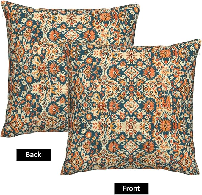 Navy Blue Orange Vintage Floral Pillow Covers 18x18 Inch Set of 2, Bohemian Style Carpet Pattern Decorative Throw Pillows Fall Cushion Covers for Sofa Bed Couch Living Room Outdoor Decor