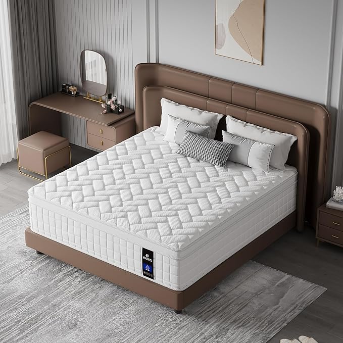 King Size Mattress,12 inch Memory Foam Hybrid Mattresses in a Box,King Mattress with Individually Pocket Springs, Medium Firm Feel,Fiberglass Free, Soft and Breathable(White)