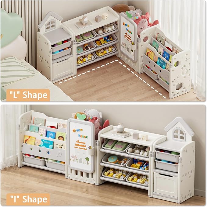 Kids Toy Storage Organizer with 10 Removable Bins, Foldable Toy Organizers and Storage with 3-Tier Bookshelf for Kids Toy Storage Organizer with Drawing Board, Extra 3 Brushes (4 In 1 Off-white)