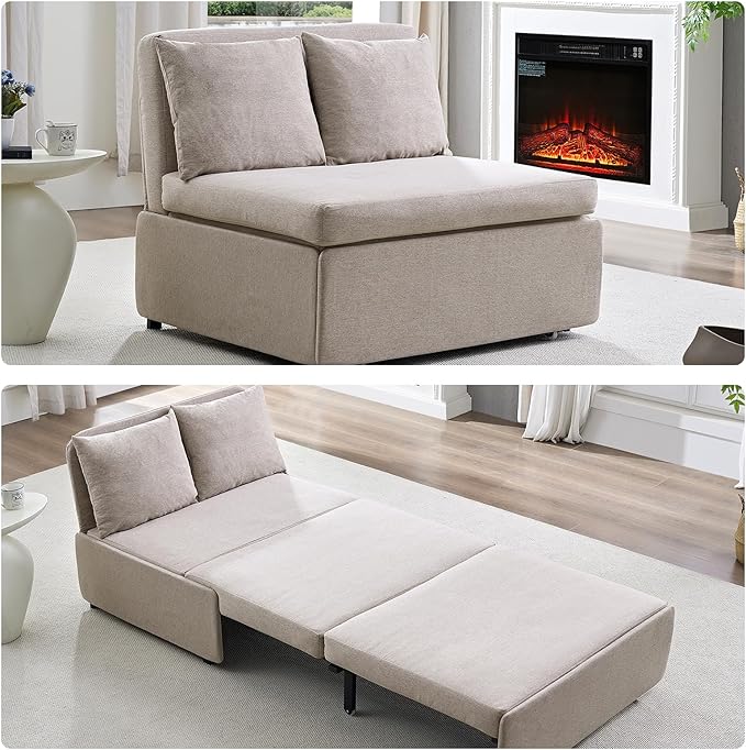 Sofa Bed, Full Size 2 in 1 Pull Out Sofa Couch Bed with Cushions & Throw Pillows & Wheels, Modern Linen Convertible Foldable Sleeper Sofas Couch for Small Spaces, Living Room Furniture - Beige