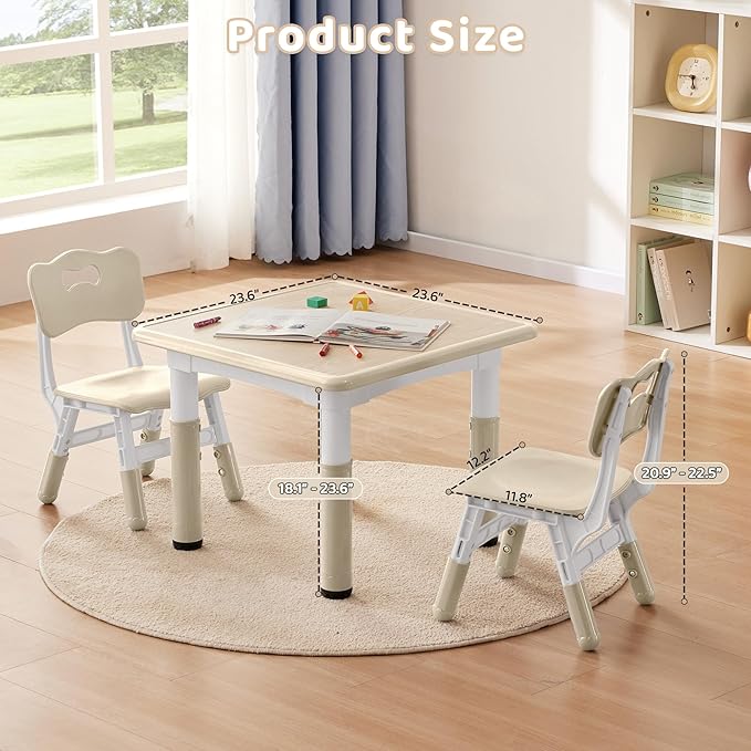 Adjustable Kids Table Chairs Set – Graffiti Desktop, Multi-Activity Height-Adjustable Toddler Study Desk for Ages 3-8 – Ideal for Home, Classroom, Daycare (W-Wood, 2 Chairs-23.6" L x 23.6" W)