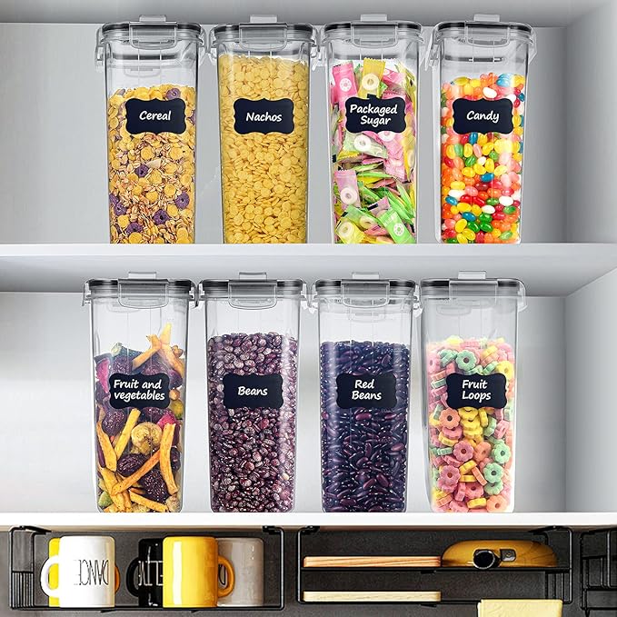 Tiawudi 2 Pk Airtight Cereal Containers Storage Set 135.2oz/4L Each,Food Storage Containers, Large Cereal Dispenser, Kitchen Pantry Organization Containers, with Labels and Measuring Spoons