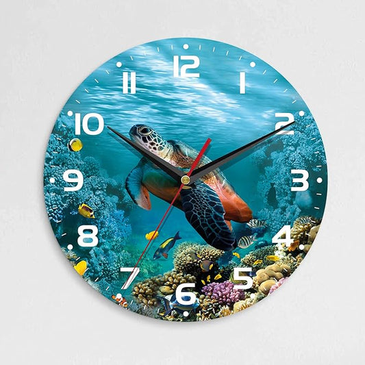 Wall Clock, 10 Inch Silent Non-Ticking Home Kitchen Decor, Battery Operated for Bathroom Bedroom Living Room Office(Sea Turtle Ocean Animals)