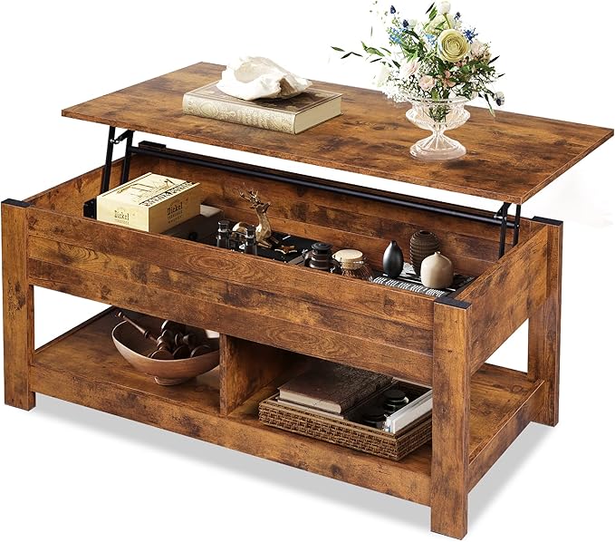 WLIVE Coffee Table, 47" Lift Top Coffee Table with HiddenCompartment and 2 Storage Shelves for Living Room, RusticBrown