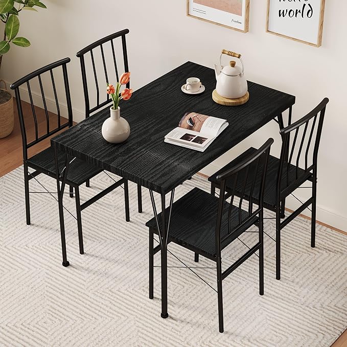 Kitchen Dining Table Set for 4, 5-Piece Kitchen Table Set with 1.6“ Thick Tabletop,Dining Room Table Sets,Kitchen Table Set with 4 Chairs for Small Space, Dinette,Apartment,Retro Black