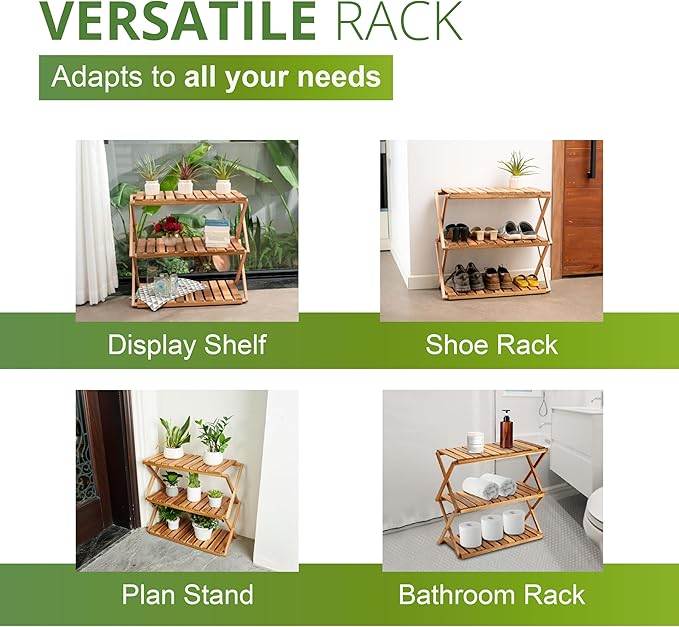 BEEFURNI Multipurpose Display Shelf Folding, 3 Tier Shelf, Acacia Wood Rack, Plant Stand Indoor, Wooden Shoe Rack, Vanity Bathroom Stand, Easy to Assemble, 1 Year Warranty