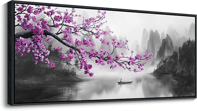 YDYSUNE Large Purple Wall Art Decor for Living Room Bedroom Framed Black and White Landscape Full Moon Purple Flower Painting Canvas Picture Plum Blossom Artwork for Home Office 70x31IN