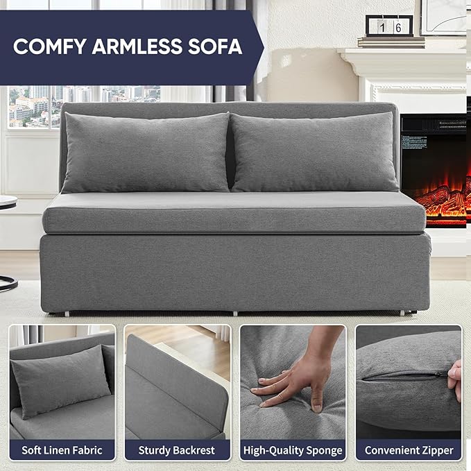 Queen Sofa Bed, Modern Pull Out Sofa Bed with Cushions & Throw Pillows, Linen Couch Beds, Convertible Sleeper Sofas Beds, Loveseat for Living Room for Small Spaces, Light Gray