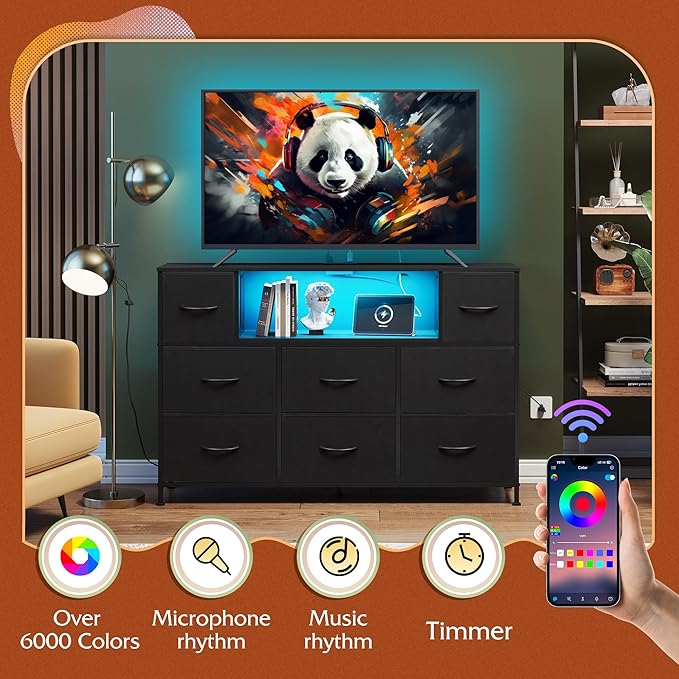 WLIVE Black TV Stand for 45, 50, 55 inch TV, Entertainment Center with LED Lights & Charging Station, TV Media Console Table with 8 Fabric Drawers and Open Shelves for Living Room, Hallway, Wood Top