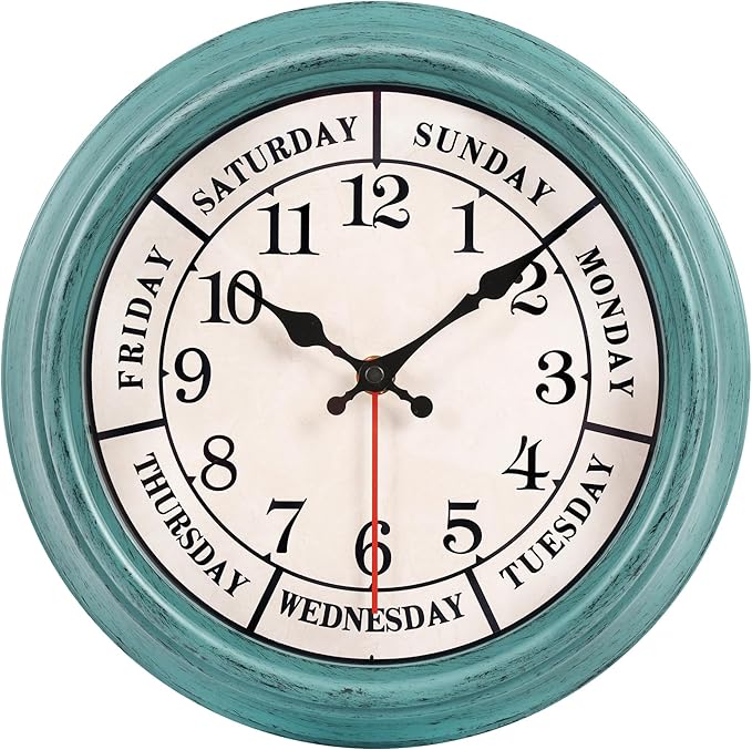 zyzamay 12 Inch Retro Wall Clock,Classic Day of The Week Wall Clock,Easy to Read,Non-Ticking Round Classic(Green)