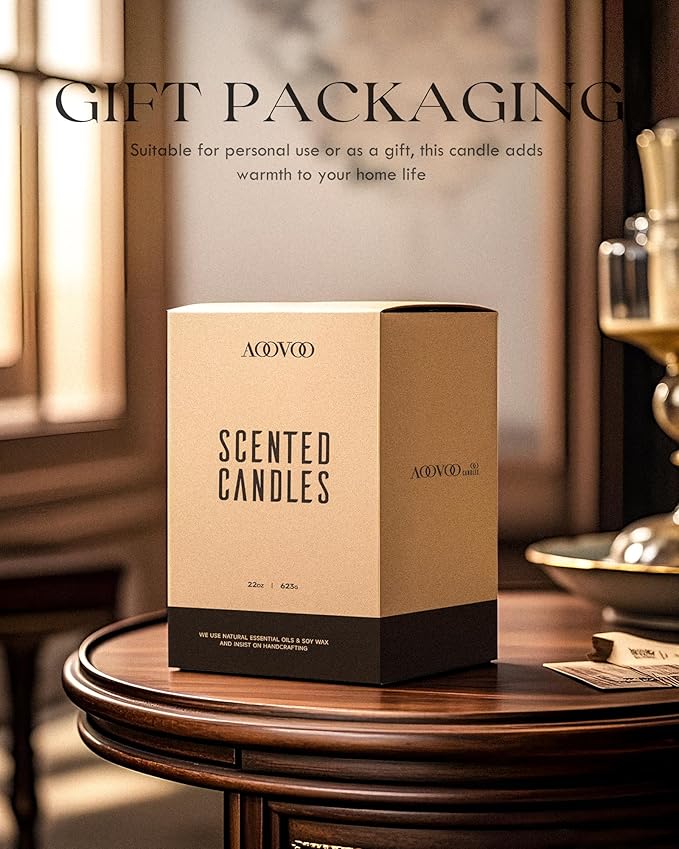 AOOVOO Scented Candles for Men - Large 22oz 120 Hours of Burn Time, Smoke & Vanilla Candles for Home Scented | Crackling Wood Wick Soy Candle | Strong Fragranced Black Candle Gift for Women & Men